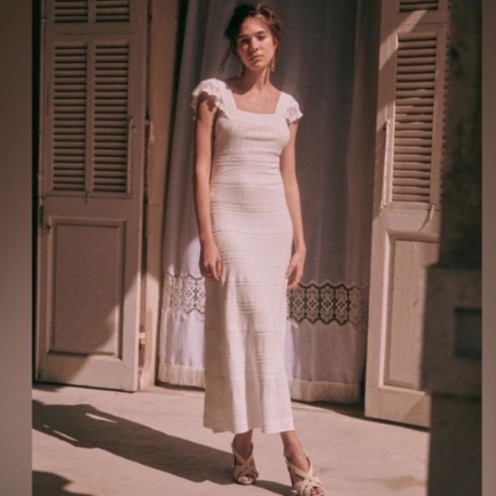 Sezane Isabelle Knit Midi Dress in Ecru XS